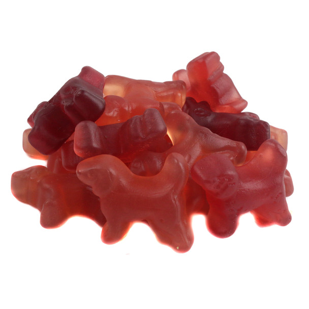 Red Licorice Beagles, bright red gummy dogs, approx 65 pieces per pound, Cherry, Strawberry, Black Currant flavors from Holland.