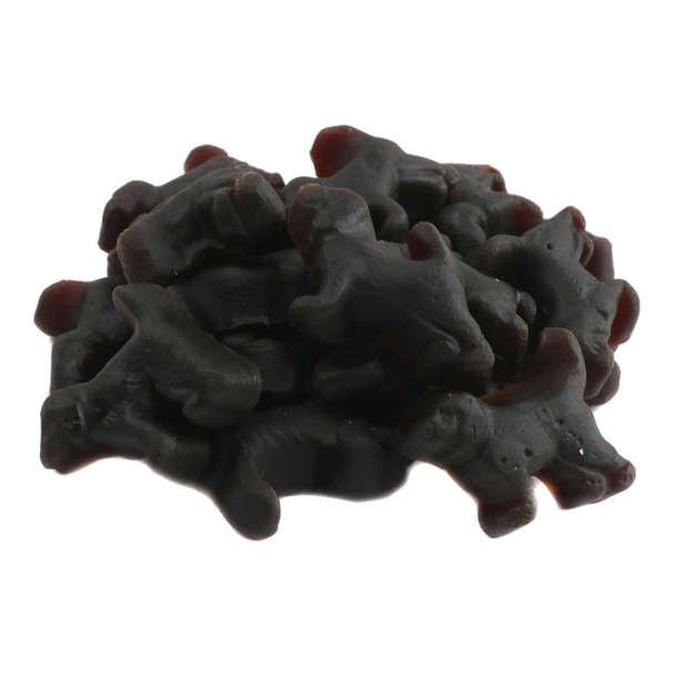 Black Licorice Beagles, bite-sized black candy, sweet and salty licorice, approx 80 unwrapped beagles per pound.