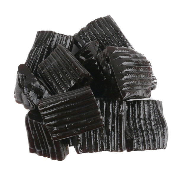 Finnska Black Licorice Ripples, firm bite-sized pieces with a rippled texture. Authentic dark licorice candy.