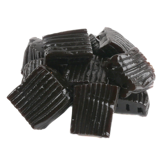 Many bite-sized Finnska Black Licorice Ripples, dark black, firm texture, prominent ripples.