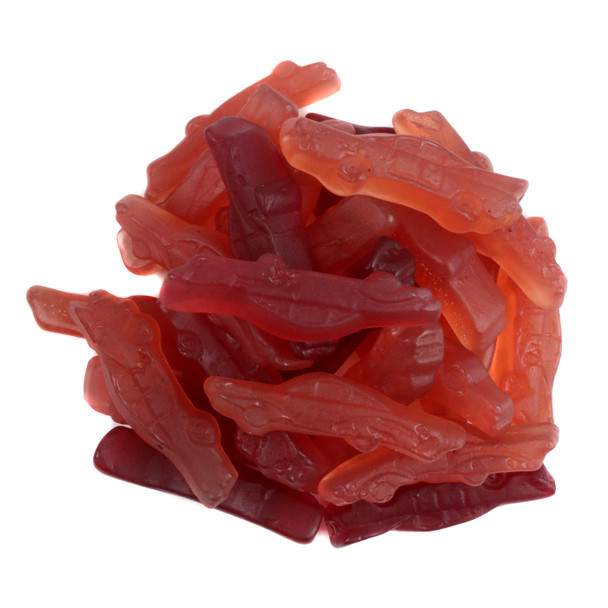 Gustaf's Pink Gummy Cadillacs, approx. 110 per pound, 2-inch long, strawberry, cherry, black currant flavored.