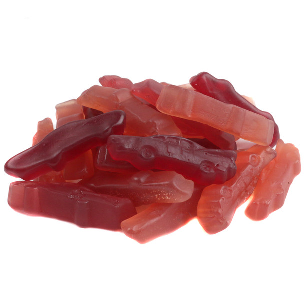 Gummy Pink Cadillacs, 2 inch long pink car candies, around 110 pieces per pound.