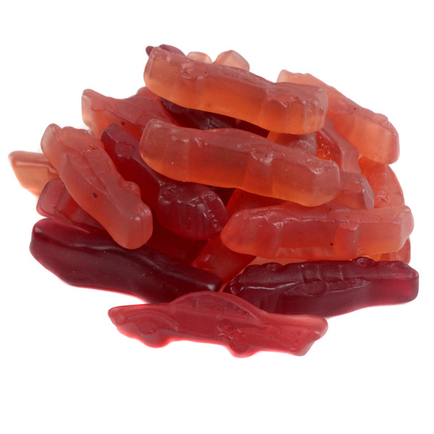 Gustaf's Gummy Pink Cadillacs, strawberry, cherry, black currant berry flavors, approx. 110 candies, 2 inches long.