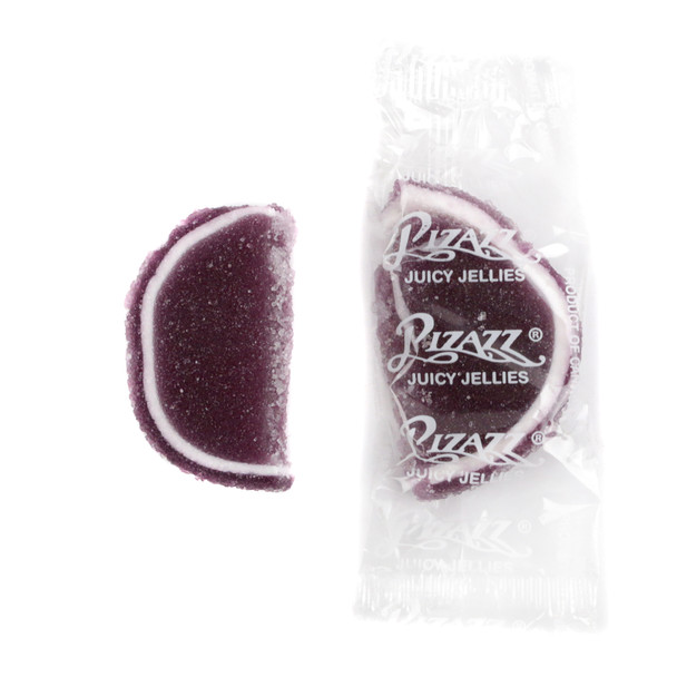 Grape Jelly Fruit Slices, individually wrapped, purple candy, approximately 32 per pound, Cavalier Candies.