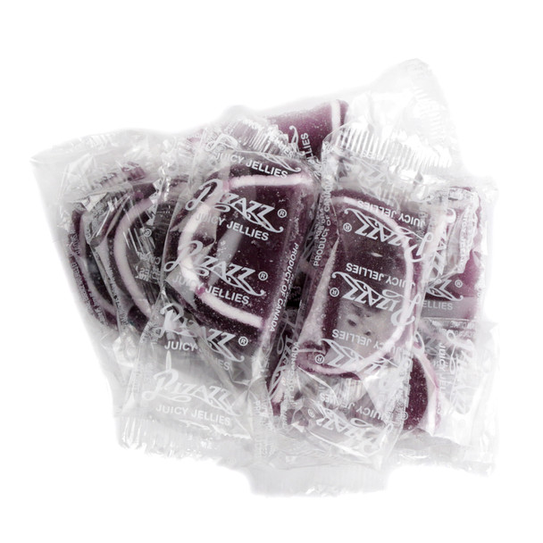 Individually wrapped purple grape jelly fruit slices by Cavalier Candies, soft, sweet, and gluten-free. Approx 32 per pound.