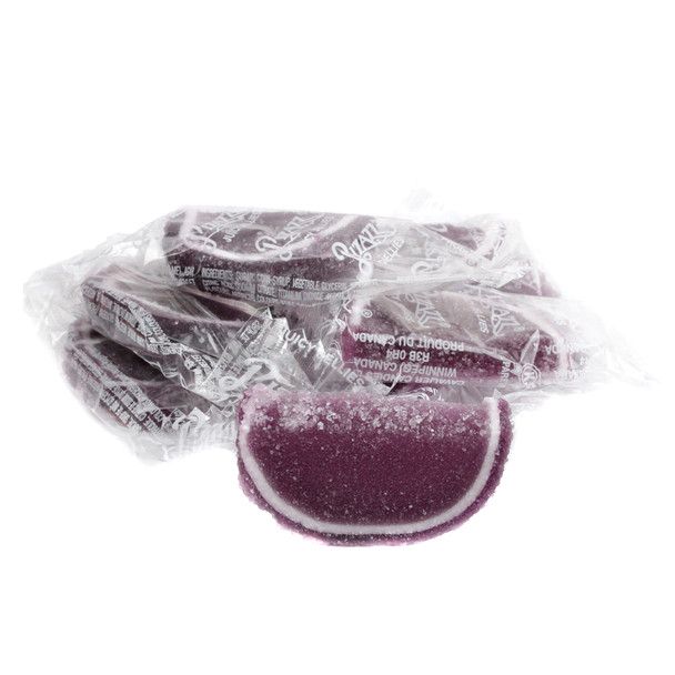 Purple grape jelly fruit slices, individually wrapped, soft, sweet, Cavalier Candies, approx 32 per pound.