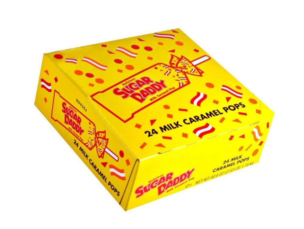 24 yellow Sugar Daddy milk caramel pops, classic old-fashioned candy, rich caramel flavor.