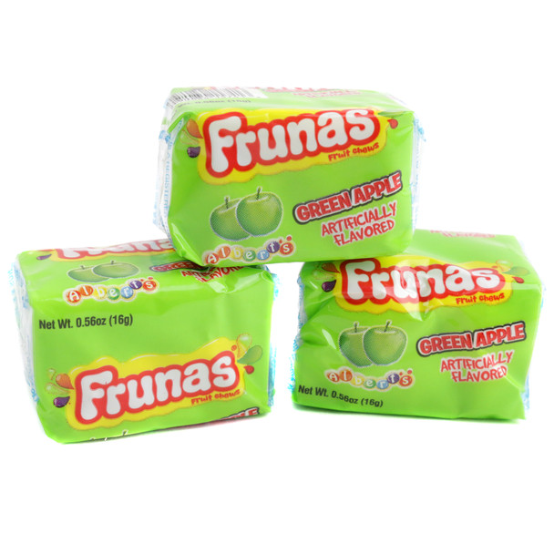 Albert's Frunas Green Apple Chews, 48 vibrant green individually wrapped pieces, tangy and juicy.