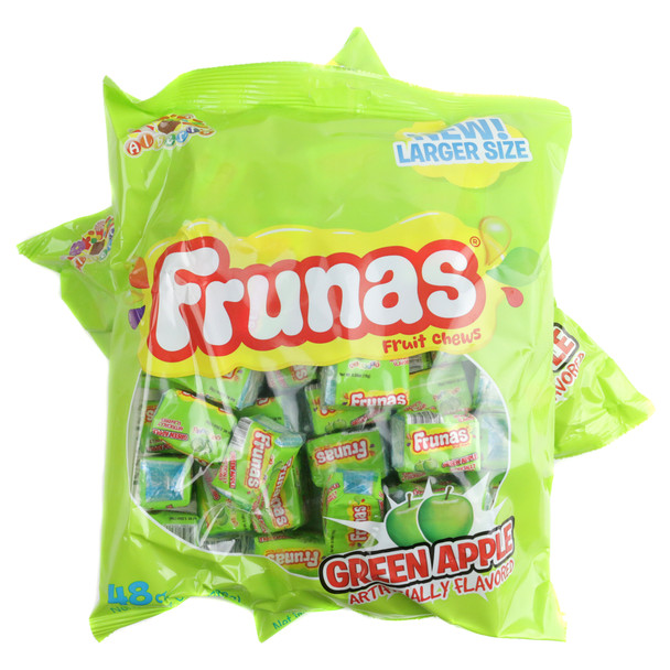 Albert's Frunas vibrant green apple chews, 48 individually wrapped candies.