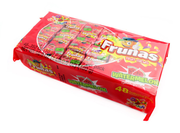 Albert's Frunas Watermelon Chews 48 Piece, bright pink individually wrapped chewy candy.