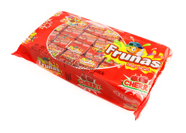 Albert's Frunas Cherry Chews, 48 individually wrapped vibrant red chewy candies bursting with juicy cherry flavor.