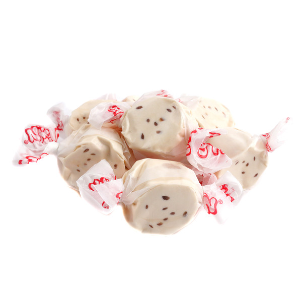 Chewy Taffy Town Salt Water Taffy, Chocolate Chip Cookie flavor, light brown pieces with dark chips, approx 65 per lb.