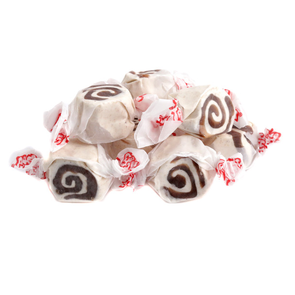Taffy Town Salt Water Taffy, Cinnamon Roll flavor. Brown & white swirled taffy, approximately 65 pieces per pound, USA made.
