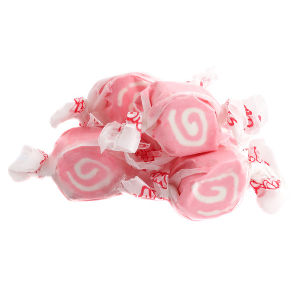 Taffy Town pink cinnamon salt water taffy, approx. 65 gluten-free pieces per pound, USA made, for baby girl showers.