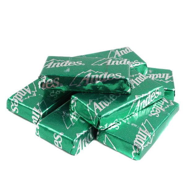 Green Andes Mints, individually foil wrapped, layered with mint and milk chocolate. Approx 80 per pound, refreshing, creamy.