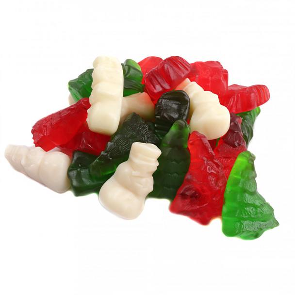 USA made Albanese Gummy Christmas Mix, red cherry trees, green apple trees, white strawberry banana snowmen gummies.