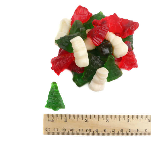 Albanese Gummy Christmas Mix, red cherry trees, green apple trees, white strawberry banana snowmen.