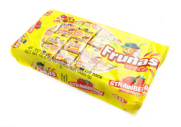 Albert's Frunas Strawberry Chews, 48 individually wrapped vibrant red and pink fruity candy pieces.