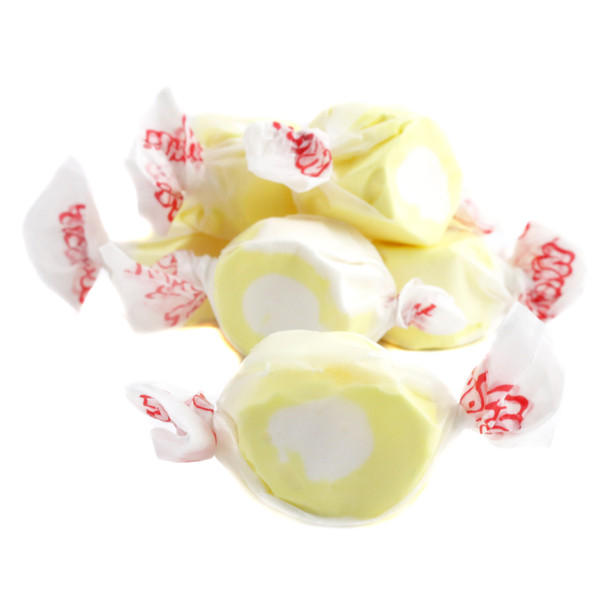 Bright yellow Taffy Town Salt Water Taffy, Lemon Cream flavor, sweet, tart, approx 65 pieces per pound, USA.