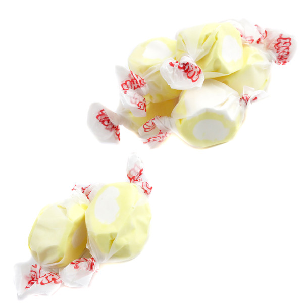 Taffy Town Lemon Cream Salt Water Taffy, approximately 65 yellow & cream pieces per pound, sweet and tart, USA made.