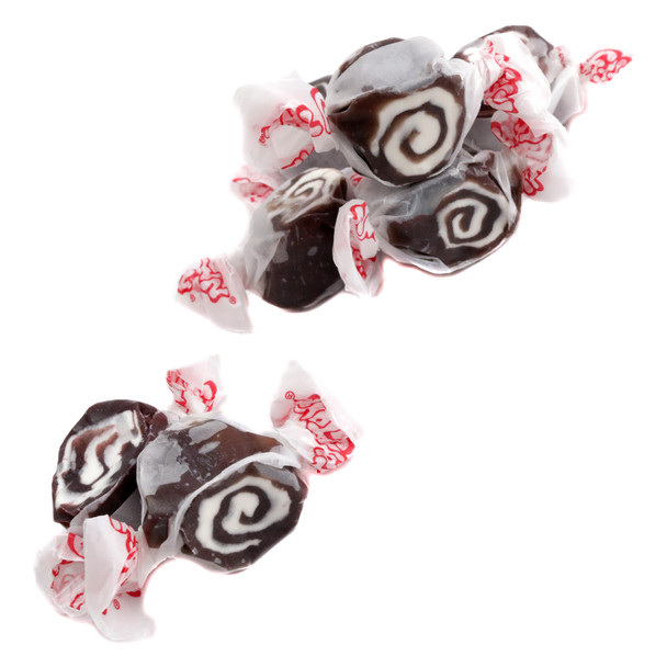 Taffy Town Black Licorice Salt Water Taffy, chewy black and white swirl pieces, about 65 pieces per pound.
