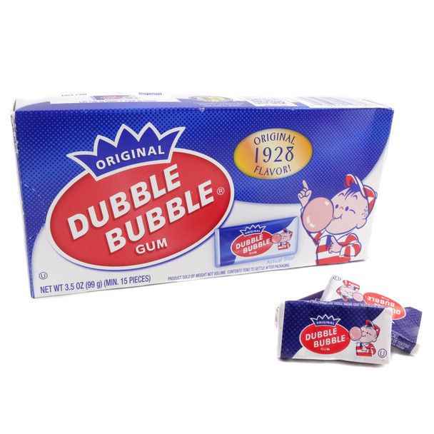 12 classic Dubble Bubble pink bubble gum theater boxes, retro red and blue packaging.