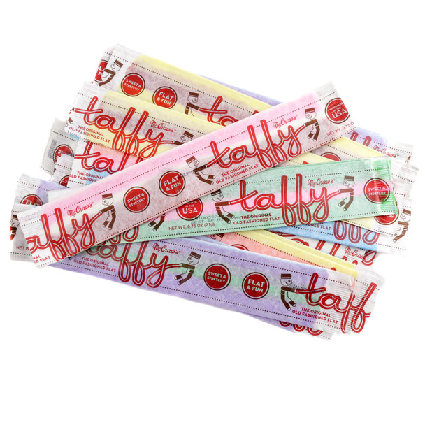 McCraw's Giant Flat Taffy, 24 individually wrapped 12-inch retro taffy pieces in an assorted box.