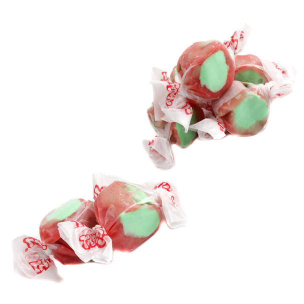 Taffy Town Salt Water Taffy Candy Apple, bright red outside, green inside, approximately 65 pieces per pound.