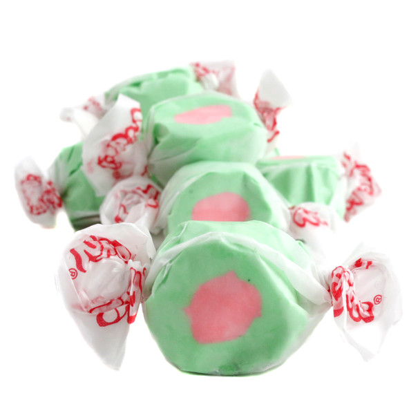 Taffy Town Salt Water Taffy Watermelon, approx 65 pieces, pink inside, green outside, chewy.