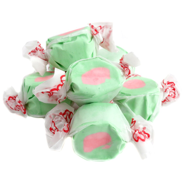 Taffy Town Salt Water Taffy, watermelon flavored, 65 pieces, pink inside, green outside, chewy candy.