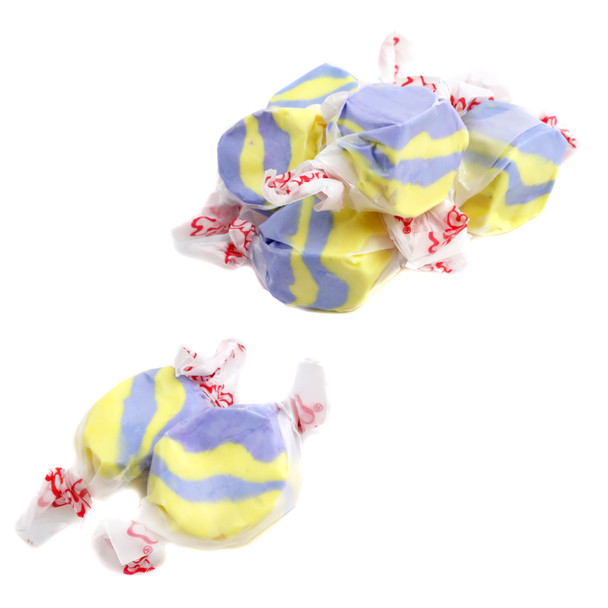 Taffy Town Raspberry Lemonade Salt Water Taffy. Purple, yellow, 65 individually wrapped pieces per pound.