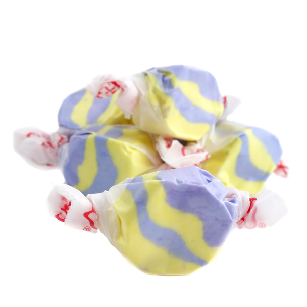 Taffy Town Raspberry Lemonade Salt Water Taffy, purple and yellow, approx 65 individually wrapped pieces per pound.