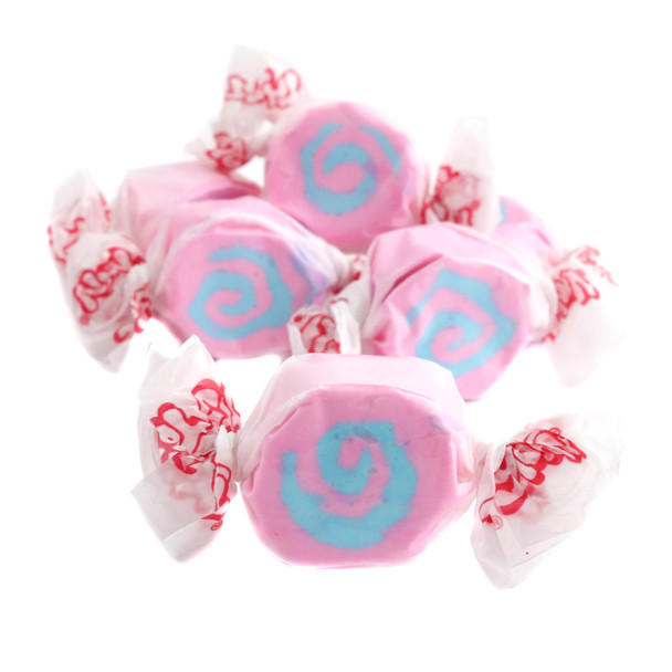 Pink and blue swirled Salt Water Taffy Cotton Candy by Taffy Town, approximately 65 pieces per pound, light and fluffy.