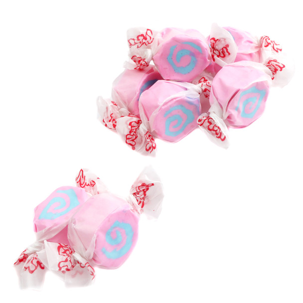 Taffy Town Salt Water Taffy Cotton Candy, pink and blue swirls, approx. 65 pieces per pound, fluffy, gluten-free.