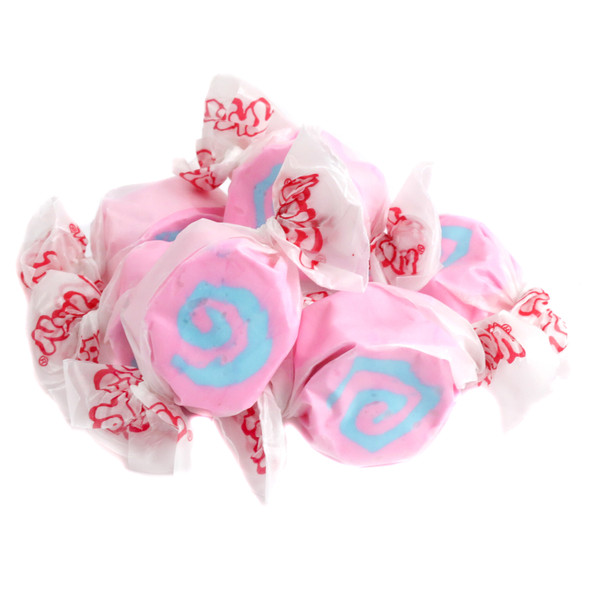 Pink and blue swirled Salt Water Taffy Cotton Candy, Taffy Town, approx 65 pieces per pound, fluffy.