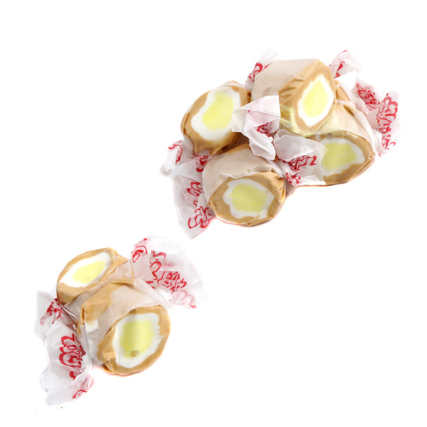 Taffy Town Salt Water Taffy Banana Creme Pie, chewy yellow and brown candy, approx 65 pieces per pound.
