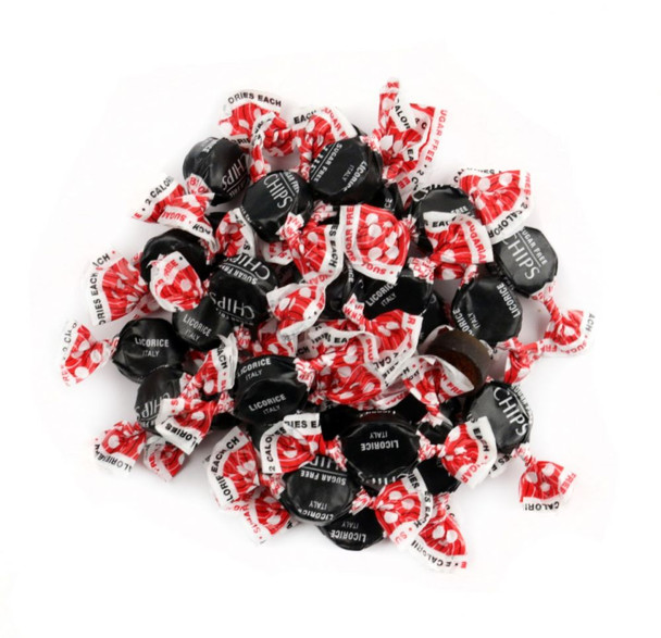Black, sugar-free Chipurnoi Chips licorice candy, mentholated, stevia sweetened. Approx 400 pieces per pound.