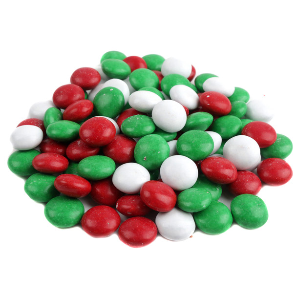 Christmas Milk Chocolate Gems, crunchy red, white, green candy shells, approx 400 per pound, festive holiday treats.