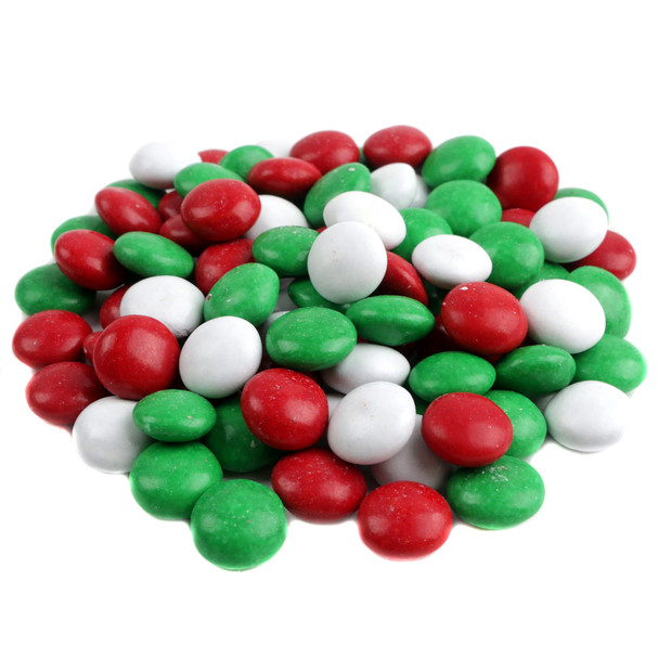 Vibrant red, white, green Christmas Milk Chocolate Gems with crunchy candy shells, about 400 pieces per pound.