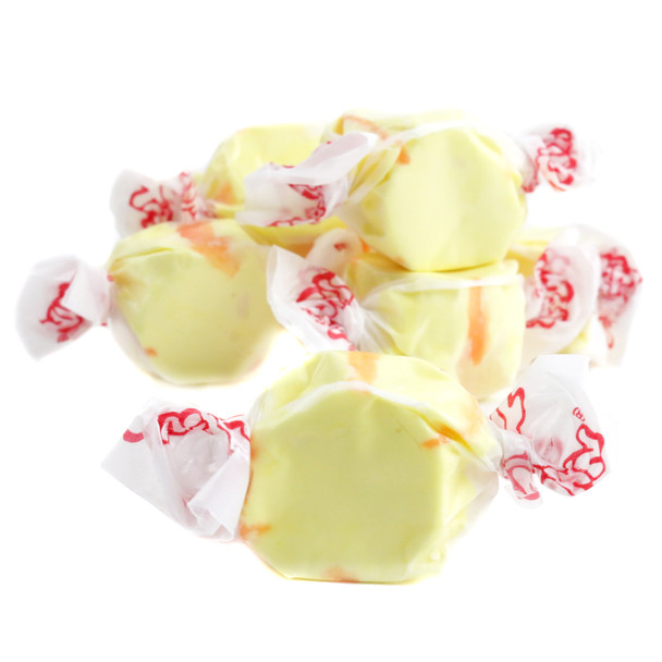 Bright yellow Taffy Town Salt Water Taffy, sweet banana flavor, chewy, juicy. Approx. 65 individually wrapped pieces per pound.