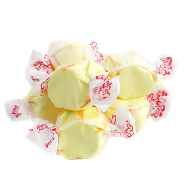 Bright yellow, individually wrapped Salt Water Taffy Banana by Taffy Town, approximately 65 chewy pieces per pound.