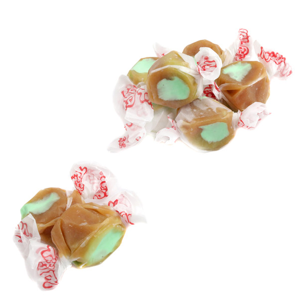 Soft, juicy Taffy Town Caramel Apple Salt Water Taffy. Green and brown pieces, approx 65 per pound, for a sweet Fall treat.