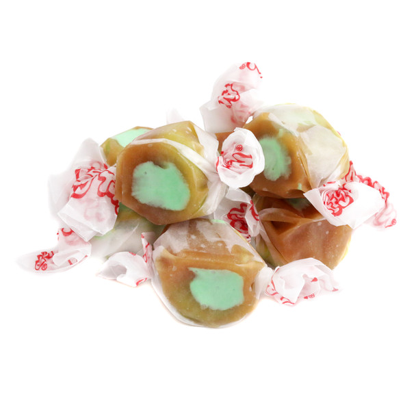 Green and brown Caramel Apple Salt Water Taffy from Taffy Town, soft and juicy, approximately 65 pieces per pound.