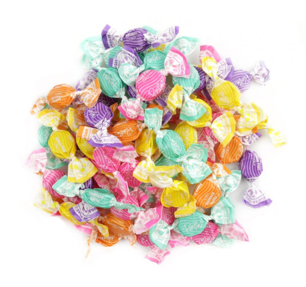 Colorful bag of Puntini Fruitti sugar-free Italian candies, individually wrapped, showing yellow, orange, green, purple, red pieces.