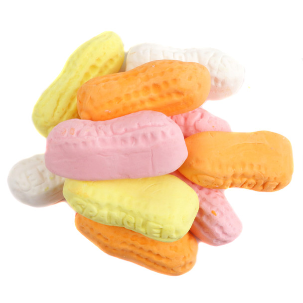 Assorted Circus Peanuts, marshmallow. Orange banana, yellow lemon, white vanilla, pink cherry. Over 60 pieces per pound.