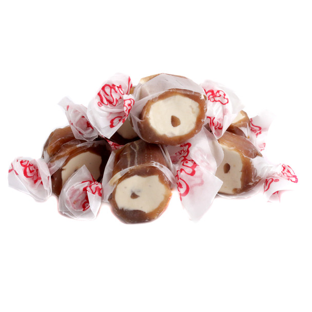 Brown Taffy Town Salt Water Taffy, chocolate caramel mocha flavor, soft chewy, approx 65 pieces per pound.