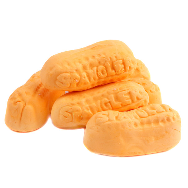 Assorted orange, yellow, white, and pink peanut-shaped marshmallow candies. Banana, lemon, vanilla, cherry flavors, approx 60 per pound.
