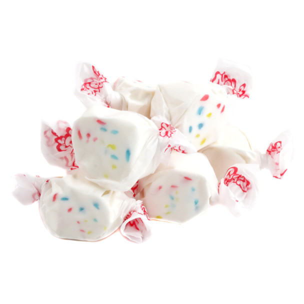 Taffy Town Salt Water Taffy, white frosted cupcake flavor with rainbow sprinkles, approximately 65 individually wrapped pieces.