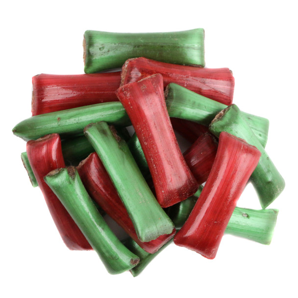 Red and green striped Christmas chocolate straws, 2-inch, crispy, creamy chocolate-filled, old-fashioned.