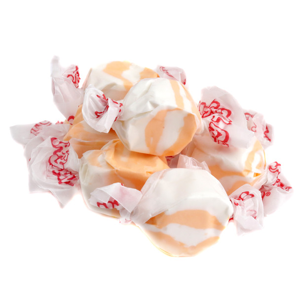 Pastel Peaches 'n Cream Salt Water Taffy, 65 gluten-free pieces, sweet peach and cream flavors.